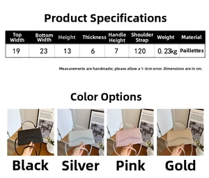 Size chart showing 23cm width sequin handbag dimensions and color options