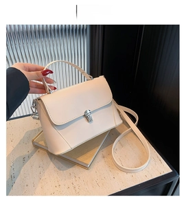 Detail of cream leather handbag showing silver metallic buckle on an open book