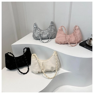 Chic pleated hobo bags with woven straps in silver, pink, black, and cream white