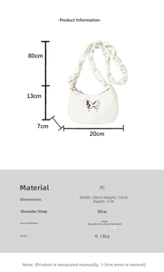 Detailed dimensions and Y2K butterfly metal buckle of the white PU crossbody bag