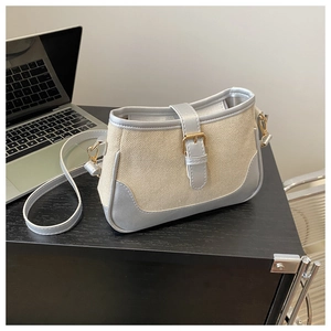 Detail of canvas crossbody bag with silver metallic trim and adjustable gold buckle strap