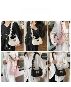 Detailed comparison of ruched shoulder bags in white, pink, and black with butterfly detail