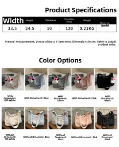 Tableau des tailles détaillé pour grand sac fourre-tout avec dimensions et cinq couleurs