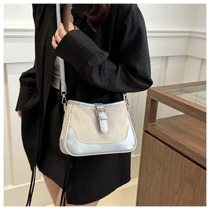 Detail of a minimalist canvas crossbody bag with silver trim and gold metal buckles