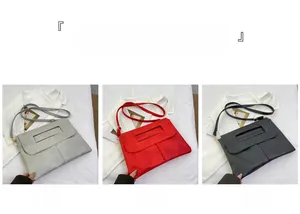 Detailed comparison of gray, red, and black leather shoulder bags with gold hardware
