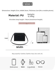 Size guide for PU leather crossbody bag showing dimensions and capacity with A4 paper comparison