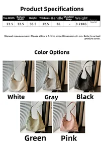 Tableau des tailles et couleurs du sac à bandoulière plissé minimaliste avec détails