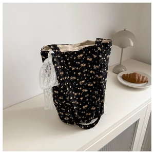 Floral print black tote bag with white lace bow detail and large capacity design