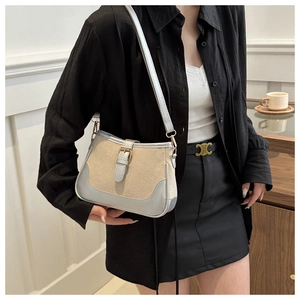 Detail of canvas shoulder bag with silver leather trim and decorative buckle strap