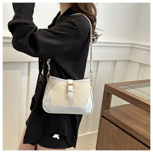 Model wearing stylish canvas and silver leather crossbody bag for casual daily use