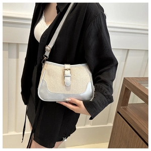 Detail of canvas bag showing sleek silver leather trim and elegant golden buckle closure
