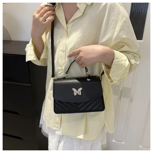 Classic black leather chevron quilted shoulder bag with metal butterfly lock for women
