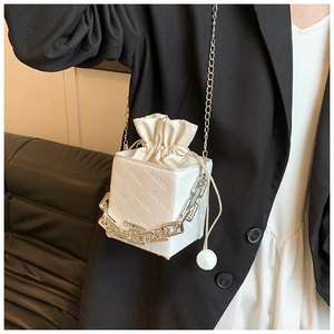 Detail of white cube bucket bag with rich rabbit embossing and silver chain strap