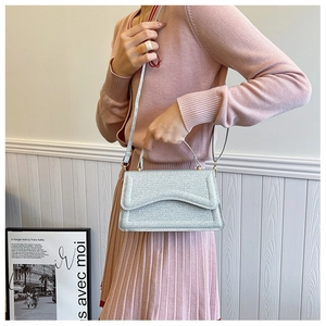 Silver glitter crossbody bag with chain strap and handle shown in a fashion lifestyle setting