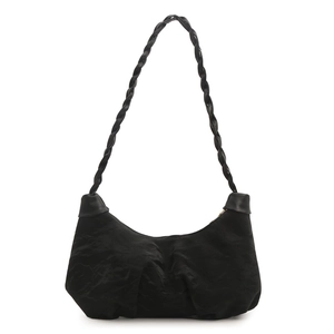 Fashionable black pleated shoulder bag with woven strap and cloud-shaped silhouette