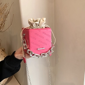 Pink cube chain shoulder bag with embossed letters and silver chunky chain strap