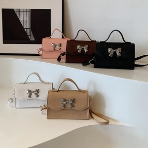 Mini Crossbody Bag For Women PU Leather Saffiano Texture Handheld Small Square Bag Metal Bow Knot Decor Fashionable