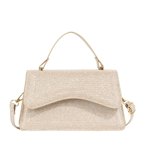 Champagne gold sequin crossbody handbag with leather handles and metallic finish