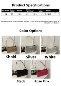 Detailed size chart and five color variants of the quilted PU leather crossbody bag