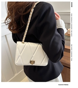 Detail of white quilted leather chain bag with elegant gold twist-lock and V-stitch pattern