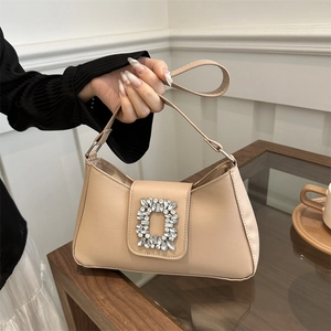 Women Luxury Rhinestone Underarm Shoulder Bag PU Leather Baguette Square Buckle Fashion Niche Design Small Tote Handbag