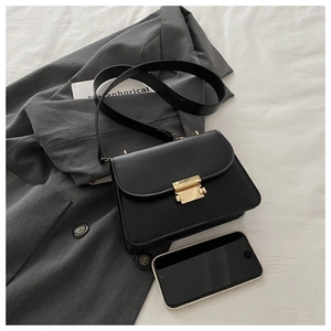 Close-up of compact black crossbody bag with golden buckle and smartphone for scale