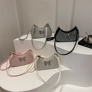 Rhinestone Crescent Underarm Bag For Women PU Leather With Metal Bow Sparkling Y2K Style Half Moon Shoulder Purse