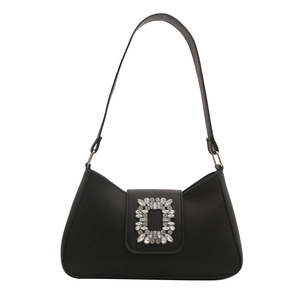 Classic black underarm handbag for women featuring a sparkling crystal rectangle buckle