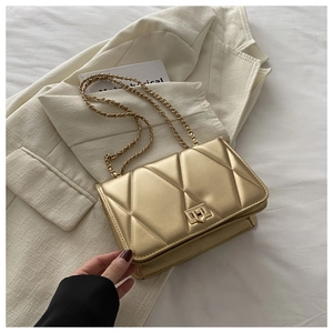 Detail of champagne gold quilted crossbody bag with gold chain strap and metal clasp