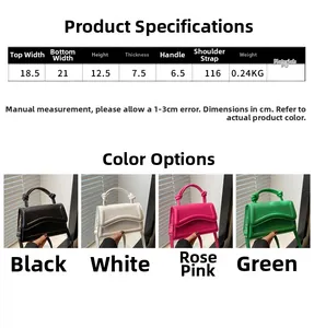 Size guide for PU leather mini handbag showing dimensions and weight for the four colors