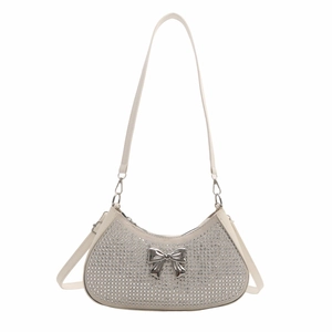 Elegant white rhinestone crescent underarm bag with a silver metallic bow decoration