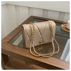 Close-up of beige quilted crossbody bag with gold chain strap and square metal lock