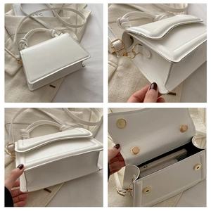 Detailed views of white leather handbag features, knot handle and magnetic closure