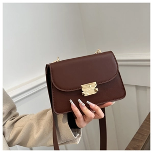 Detailed close-up of dark brown vintage square bag with elegant gold metal lock