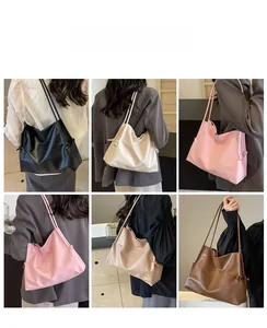 Viste dettagliate di borse tote minimaliste in pelle in vari colori con coulisse