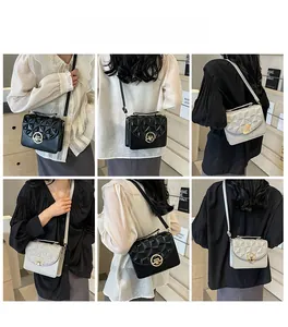 Detailed views of quilted crossbody bags with gold locks and adjustable straps in black and beige