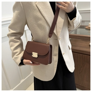 Close-up of a brown matte leather square bag with gold buckle and wide shoulder strap
