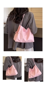 Viste dettagliate di una borsa tote in nylon rosa con texture morbida e dettaglio del nodo