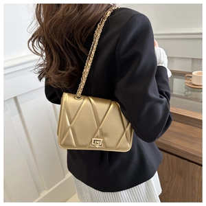 Chic gold quilted crossbody bag with metal chain strap worn on a stylish female model