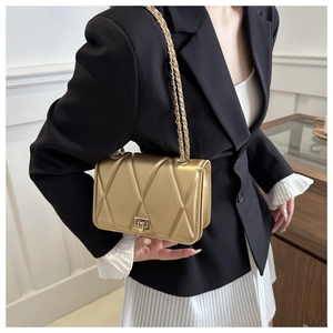 Detail of gold quilted chain bag showing metallic texture and polished metal clasp