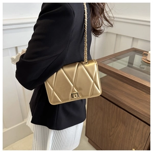 Detail of gold quilted crossbody bag with metal chain strap and twist lock on a model