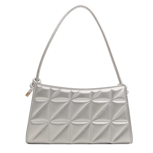 Silver geometric quilted crossbody bag with sleek metallic finish and minimalist knot strap