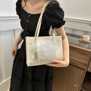 Grand sac cabas élégant à motif floral chinois avec pompon vert pour femme