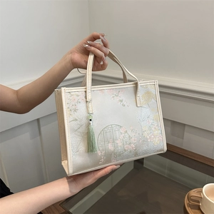 Sac fourre-tout élégant de style chinois en jacquard floral avec pompon et doubles anses