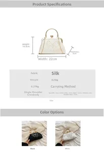 Detail of silk clutch bag featuring exquisite pearl butterfly embellishment and gold chain