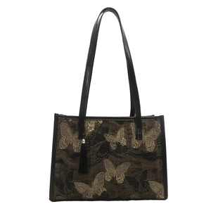 Retro silk texture tote bag with golden butterfly embroidery and black fringe tassel