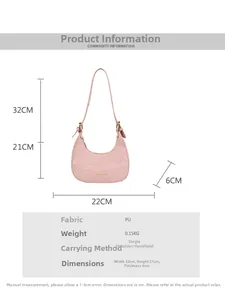 Detailed size chart for pink pleated hobo bag showing dimensions and PU fabric specs