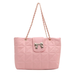 Chic pink quilted tote bag with silver bow detail and chain shoulder strap