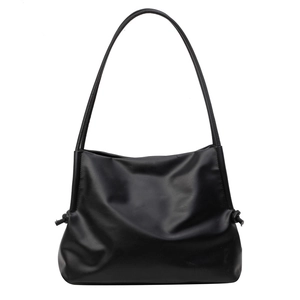 Minimalist black pleated shoulder bag with soft leather finish and drawstring knots