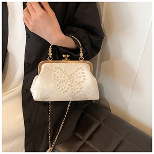 Detail of elegant Chinese style handbag with pearl butterfly motif and gold metal clasp